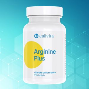 Calivita Arginine Plus bočica sa 100 tableta L-arginina na tirkiznoj pozadini s molekularnim strukturama za poboljšanje cirkulacije i sportske performanse