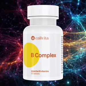 Calivita B-Complex bočica s 30 tableta esencijalnih B vitamina prikazana na pozadini neuronske mreže koja simbolizira zdravlje živčanog sustava i mentalne funkcije