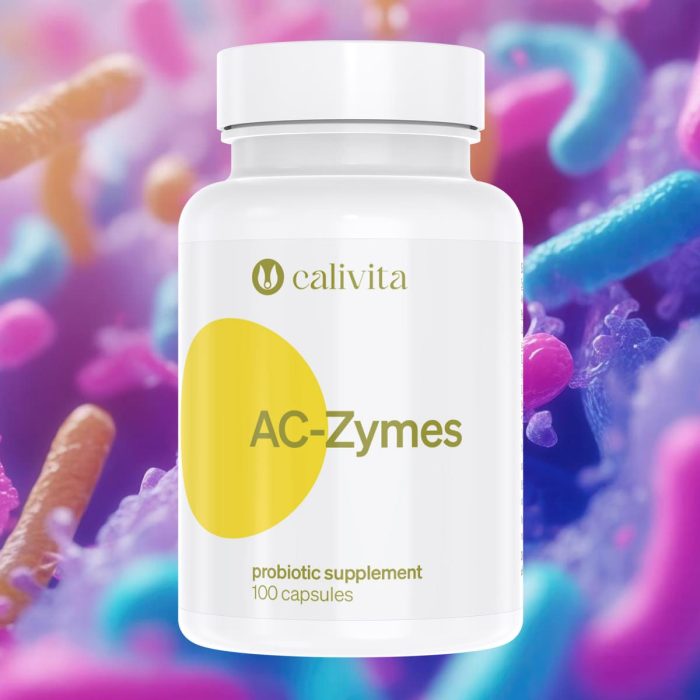 Calivita AC-Zymes probiotički dodatak prehrani u bijeloj bočici od 100 kapsula s Lactobacillus acidophilus bakterijama za zdravlje crijevne flore