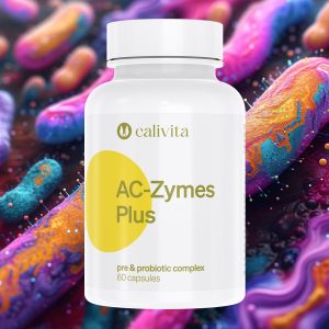 Calivita AC-Zymes Plus sinbiotički dodatak prehrani od 60 kapsula s 6 probiotičkih sojeva i prebiotikom inulinom na pozadini mikrobioma u živopisnim bojama