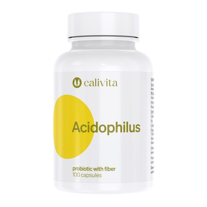 Calivita Acidophilus probiotički dodatak prehrani sa vlaknima u bijeloj bočici od 100 kapsula s Lactobacillus acidophilus bakterijama i indijskim trputcem