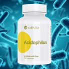 Calivita Acidophilus probiotički dodatak prehrani od 100 kapsula s vlaknima na plavoj pozadini s bakterijama, za zdravlje crijevne mikroflore i probavnog sustava