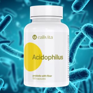 Calivita Acidophilus probiotički dodatak prehrani od 100 kapsula s vlaknima na plavoj pozadini s bakterijama, za zdravlje crijevne mikroflore i probavnog sustava