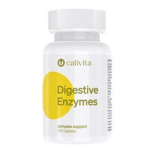 Calivita Digestive Enzymes dodatak prehrani od 100 tableta s pankreatinom i biljnim enzimima u bijeloj bočici s žutim krugom