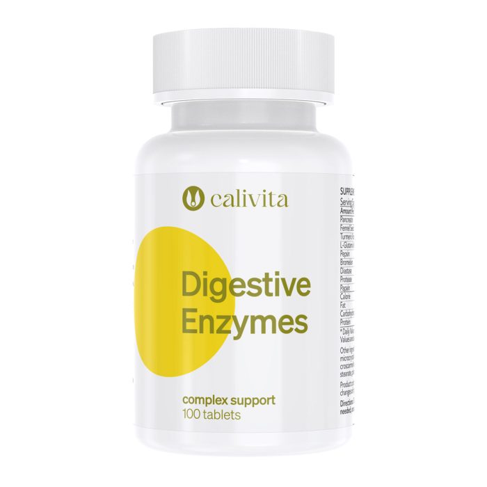 Calivita Digestive Enzymes dodatak prehrani od 100 tableta s pankreatinom i biljnim enzimima u bijeloj bočici s žutim krugom