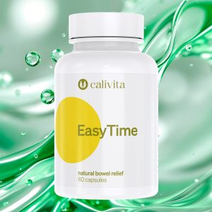 Calivita Easy Time dodatak prehrani od 60 kapsula s glukomananom i biljnim ekstraktima za prirodnu regulaciju probave na zelenoj fluidnoj pozadini