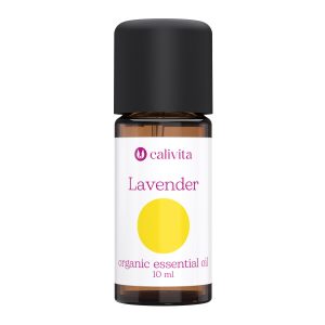 CaliVita organsko eterično ulje lavande u tamnoj staklenoj bočici od 10 ml s bijelom etiketom i žutim krugom za aromaterapiju i opuštanje
