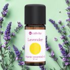 CaliVita Lavender organsko eterično ulje lavande u tamnoj bočici od 10 ml na menta zelenoj pozadini okruženo svježim stabljikama lavande u cvatu