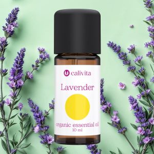 CaliVita Lavender organsko eterično ulje lavande u tamnoj bočici od 10 ml na menta zelenoj pozadini okruženo svježim stabljikama lavande u cvatu