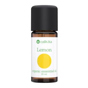 CaliVita Lemon organsko eterično ulje limuna u tamnoj staklenoj bočici od 10 ml s crnim čepom i bijelom etiketom sa žutim krugom za aromaterapiju i podizanje energije