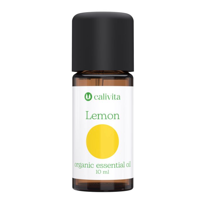 CaliVita Lemon organsko eterično ulje limuna u tamnoj staklenoj bočici od 10 ml s crnim čepom i bijelom etiketom sa žutim krugom za aromaterapiju i podizanje energije