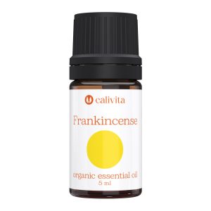 CaliVita organsko eterično ulje tamjana (Frankincense) u tamnoj staklenoj bočici od 5 ml s bijelom etiketom i žutim krugom za aromaterapiju i duhovnu praksu