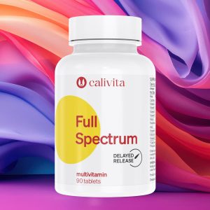 Calivita Full Spectrum bijela bočica sa 90 tableta multivitaminsko-mineralnog kompleksa na pozadini spektra duginih boja od narančaste do ljubičaste