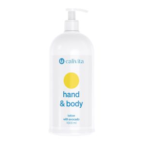 CaliVita Hand & Body losion s uljem avokada u bijeloj bočici od 1000 ml s praktičnom pumpicom za svakodnevnu njegu kože cijele obitelji