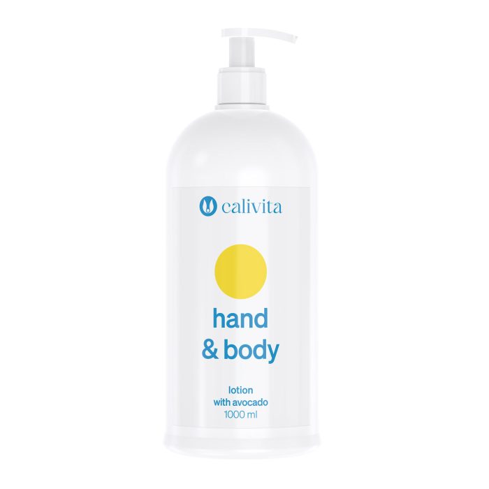 CaliVita Hand & Body losion s uljem avokada u bijeloj bočici od 1000 ml s praktičnom pumpicom za svakodnevnu njegu kože cijele obitelji