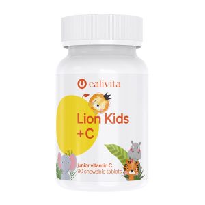 Calivita Lion Kids +C bijela bočica sa 90 žvakaćih tableta junior vitamin C za djecu s ilustracijama lava, slona i tigra na čistoj bijeloj pozadini