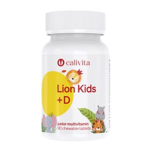 Calivita Lion Kids +D bijela bočica sa 90 žvakaćih tableta multivitamina s dodatkom vitamina D za djecu s ilustracijama safari životinja i velikim žutim krugom
