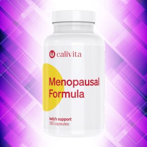 Calivita Menopausal Formula bijela bočica sa 135 kapsula na ljubičastoj pozadini, prirodna formula za ublažavanje simptoma menopauze s fitoestrogenim biljkama