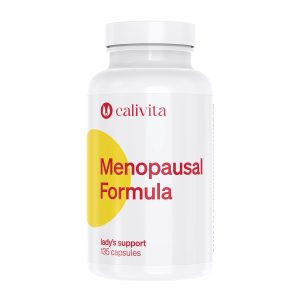 Calivita Menopausal Formula bijela bočica sa 135 kapsula prirodne formule za olakšavanje simptoma menopauze s prepoznatljivim žutim krugom