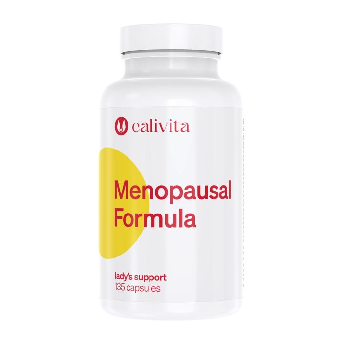 Calivita Menopausal Formula bijela bočica sa 135 kapsula prirodne formule za olakšavanje simptoma menopauze s prepoznatljivim žutim krugom
