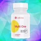 Calivita Multi One bijela bočica s 30 tableta multivitamina i delayed release tehnologijom na geometrijskoj pozadini s ljubičasto-tirkiznim prijelazom