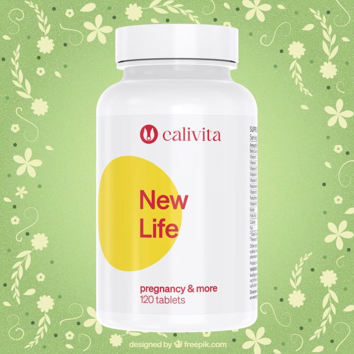 Calivita New Life bijela bočica sa 120 tableta prenatalnih vitamina na nježno zelenoj pozadini s cvjetnim uzorkom, multivitaminski dodatak prehrani za trudnice