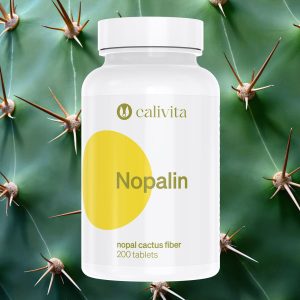 Calivita Nopalin dodatak prehrani od 200 tableta s kaktus nopalom (Opuntia ficus indica) na pozadini pravog kaktusa s bodljama za kontrolu težine i regulaciju šećera