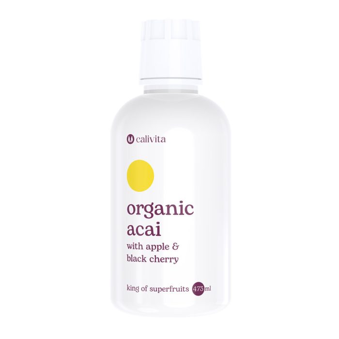 Calivita Organic Acai sok od 473 ml s jabukom i crnom trešnjom u elegantnoj bijeloj bočici, prirodni antioksidans iz amazonske prašume