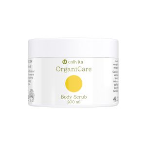 CaliVita OrganiCare Body Scrub 200 ml u bijeloj posudici s žutim krugom prirodni piling za eksfolijaciju i njegu kože tijela