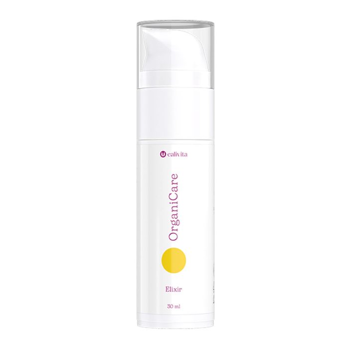 CaliVita OrganiCare Elixir 30 ml u bijeloj airless pumpi s žutim krugom - koncentrirana gel krema protiv starenja s hijaluronskom kiselinom