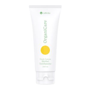CaliVita OrganiCare Herbal Toothpaste 250 ml bijela tuba s žutim krugom na neutralnoj pozadini - prirodna pasta za zube bez fluorida