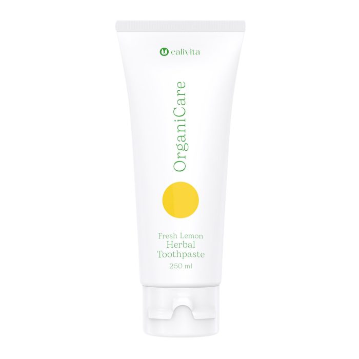CaliVita OrganiCare Herbal Toothpaste 250 ml bijela tuba s žutim krugom na neutralnoj pozadini - prirodna pasta za zube bez fluorida