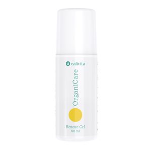 CaliVita OrganiCare Rescue Gel 60 ml bijeli roll-on aplikator s žutim krugom na neutralnoj pozadini - prirodni gel protiv bolova