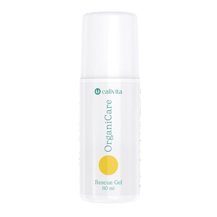 CaliVita OrganiCare Rescue Gel 60 ml bijeli roll-on aplikator s žutim krugom na neutralnoj pozadini - prirodni gel protiv bolova