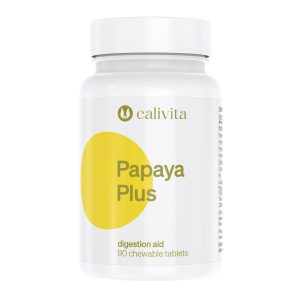Calivita Papaya Plus dodatak prehrani s probavnim enzimima u bijeloj bočici od 90 žvakaćih tableta s velikim žutim krugom na etiketi