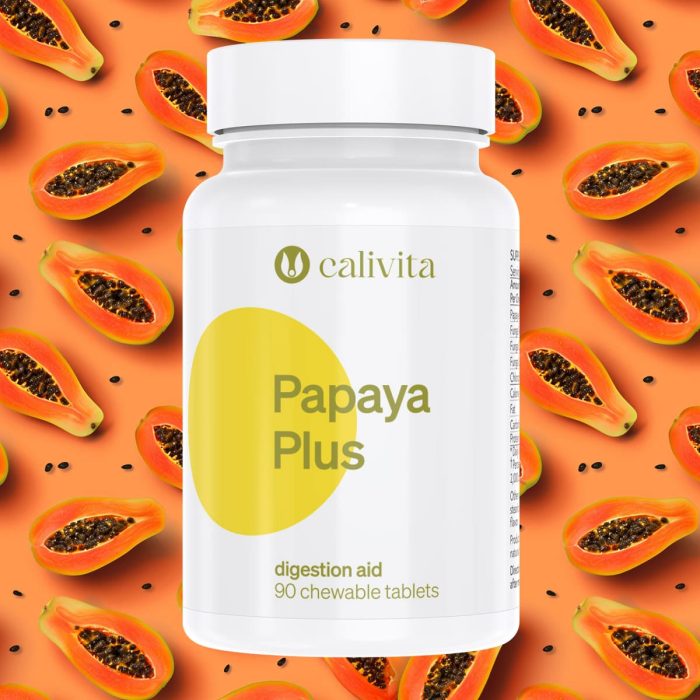 Calivita Papaya Plus bočica sa 90 žvakaćih tableta za probavu na narančastoj pozadini s prepolovljenim svježim papajama i crnim sjemenkama