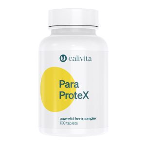 CaliVita ParaProteX dodatak prehrani s kompleksom ljekovitog bilja za probavni sustav i imunitet, bijela bočica sa 100 tableta i žutim krugom na etiketi