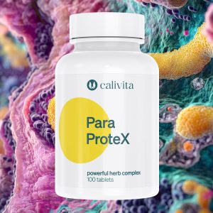 CaliVita ParaProteX bočica sa 100 tableta prirodnog biljnog kompleksa na mikroskopskoj pozadini probavnog sustava s prikazom stanica i mikroorganizama u ljubičastim i tirkiznim tonovima