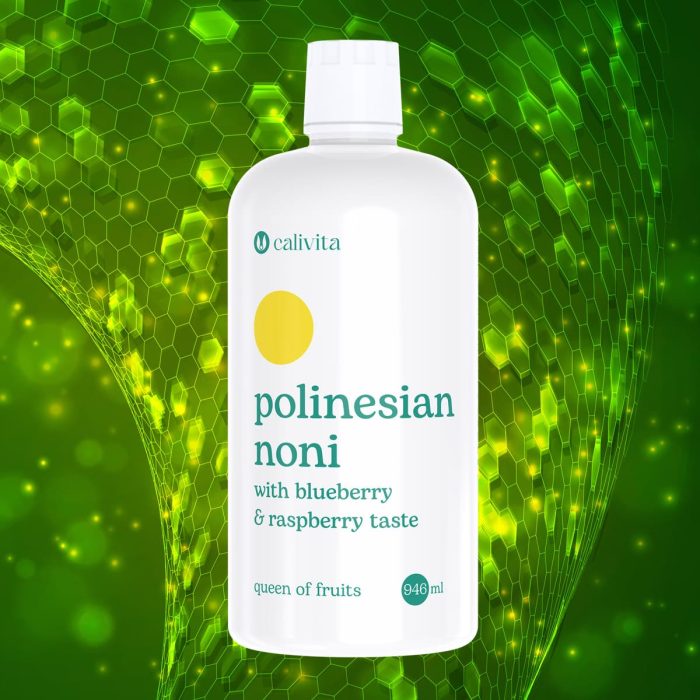 Calivita Polinezijski Noni sok od 946 ml s okusom borovnice i maline na zelenoj pozadini s heksagonalnim uzorkom, prirodni dodatak prehrani za jačanje imuniteta
