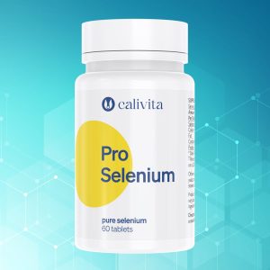 Calivita Pro Selenium bijela bočica sa 60 tableta čistog selena za zdravlje štitnjače i imunitet na tirkiznoj pozadini s molekularnom strukturom