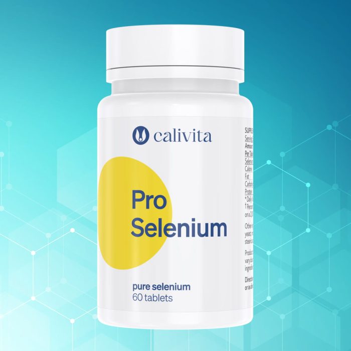 Calivita Pro Selenium bijela bočica sa 60 tableta čistog selena za zdravlje štitnjače i imunitet na tirkiznoj pozadini s molekularnom strukturom