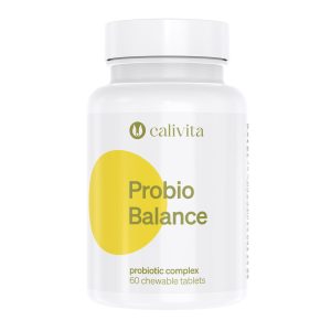 CaliVita Probio Balance probiotički kompleks s 60 žvakaćih tableta u bijeloj bočici sa žutim krugom na etiketi za zdravlje crijevne flore