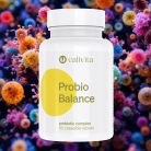 CaliVita Probio Balance probiotički dodatak prehrani s 4 milijarde živih bakterija u bijeloj bočici sa 60 žvakaćih tableta na pozadini šarenih mikroorganizama