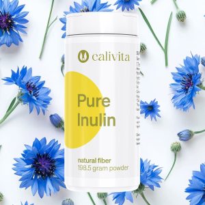CaliVita Pure Inulin prebiotička vlakna 198.5g u bijeloj posudi okružena plavim različkom koji simbolizira prirodni izvor cikorije za zdravu crijevnu floru