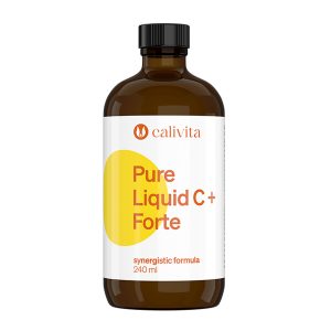 Calivita Pure Liquid C+ Forte bočica od 240 ml tekućeg vitamina C sa sinergijskom formulom u tamnoj staklenoj ambalaži s bijelom etiketom i žutim krugom