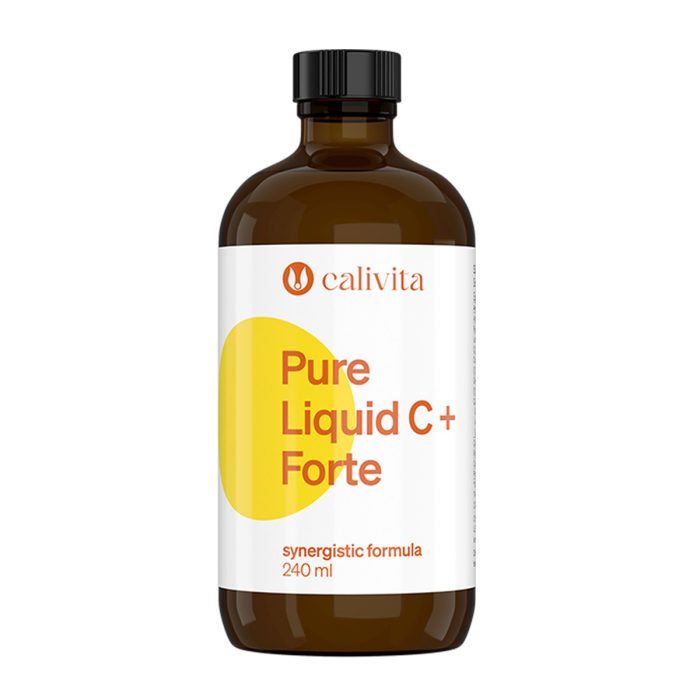 Calivita Pure Liquid C+ Forte bočica od 240 ml tekućeg vitamina C sa sinergijskom formulom u tamnoj staklenoj ambalaži s bijelom etiketom i žutim krugom