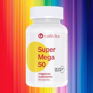 Calivita Super Mega 50 multivitamin 90 tableta bijela boca s odgođenim oslobađanjem na duginoj pozadini