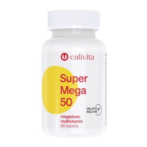 Calivita Super Mega 50 bijela bočica s 90 tableta visokodoznog multivitamina s delayed release tehnologijom na bijeloj pozadini