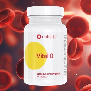 Calivita Vital 0 multivitaminski kompleks za krvnu grupu 0 u bijeloj bočici s žutim krugom na pozadini crvenih krvnih stanica, 90 tableta