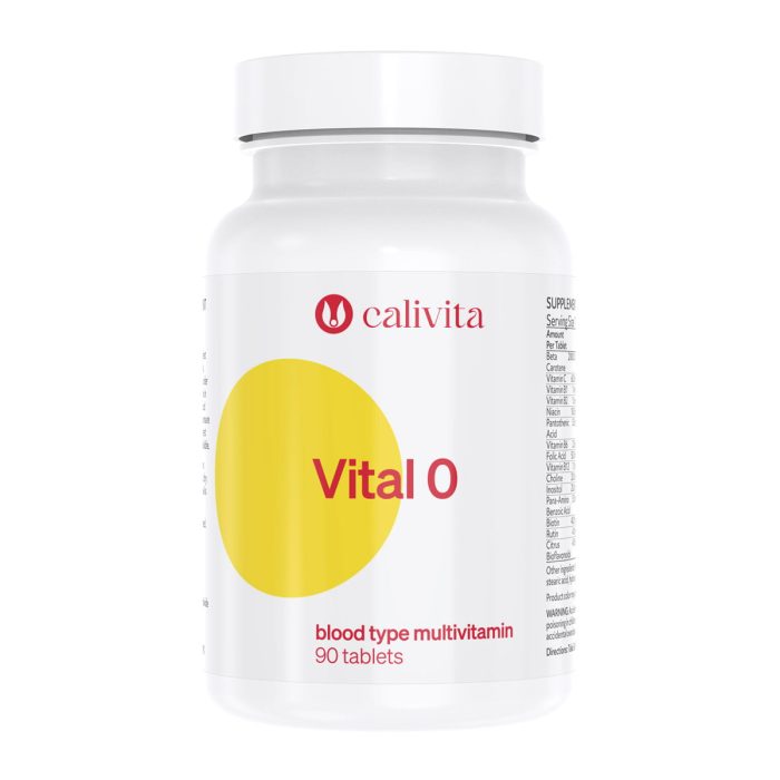 Calivita Vital 0 multivitaminski kompleks za krvnu grupu 0 u bijeloj bočici s 90 tableta i prepoznatljivim žutim krugom na etiketi